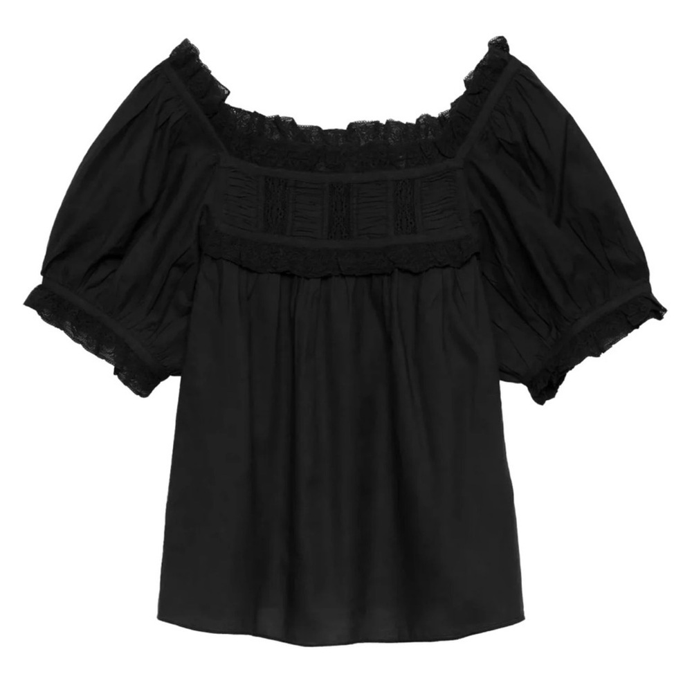 Doen Frances Cotton Voile Ruffle Lace Short Puff Sleeve Blouse Top Black